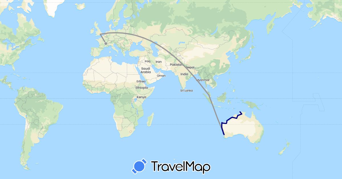 TravelMap itinerary: driving, plane in Australia, France, United Kingdom, Malaysia (Asia, Europe, Oceania)